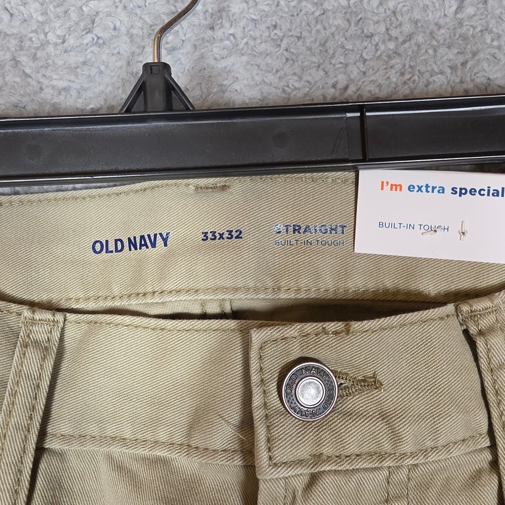Old Navy Chino Pants Mens 33x32 Straight Leg  Khaki New Built-In Tough Cotton - Picture 7 of 10